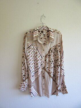 FREE PEOPLE Tan/Brown/Pink/Cream Collared XL Long Sleeve Floral Pattern Tunic
